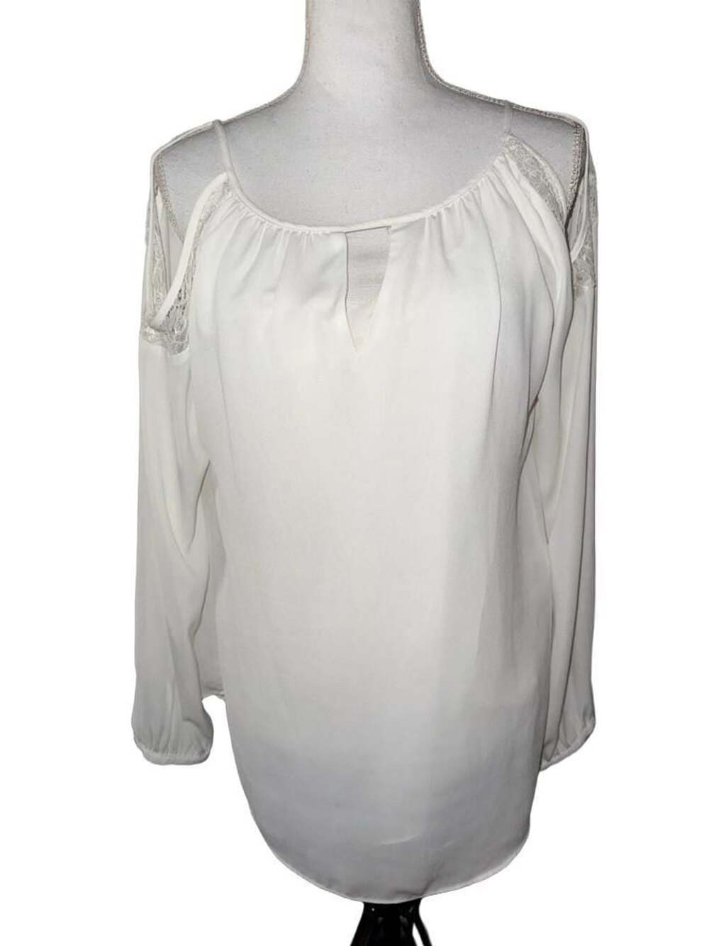 White House Black Market Cold Shoulder Blouse Size M White Chiffon Lace